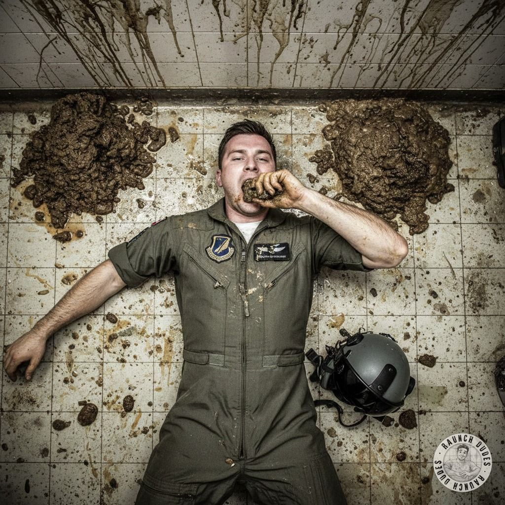 Pilot pervertito steso a terra, divorando merda con un sorriso. Niente è più sexy che un uomo che gode del suo lato più...