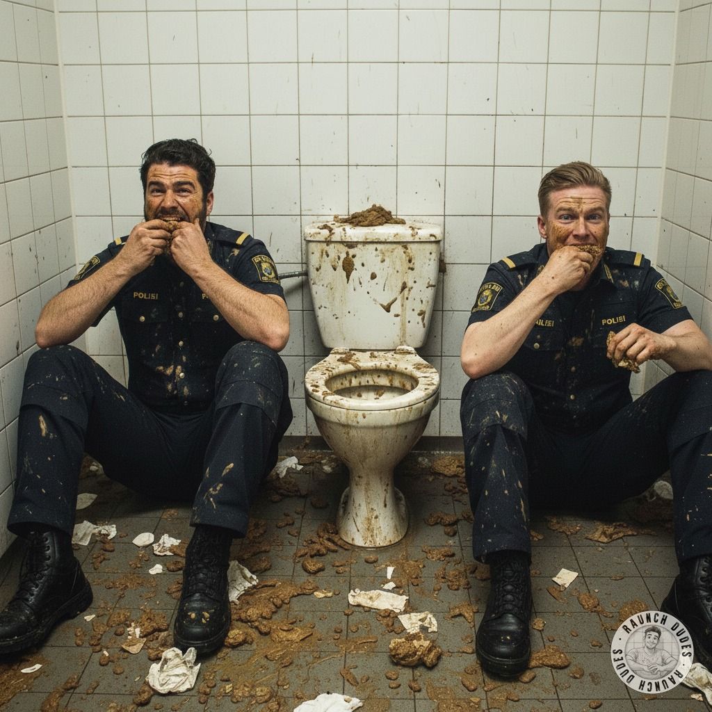 Two cops devouring shit in a public toilet—dirty, raw, and unapologetically hot. 😈🍑 Who else loves a filthy uniform fetish?...