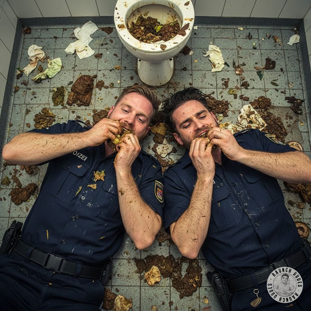 Two cops getting down on their knees, licking up every last drop of filth like it’s the hottest thing they’ve ever tasted....