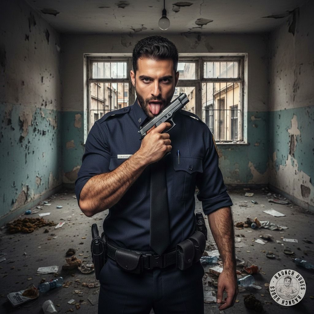 Caught in the act—this cop’s got a filthy secret. Watch him lick his gun like it’s his favorite toy, tongue swirling around...