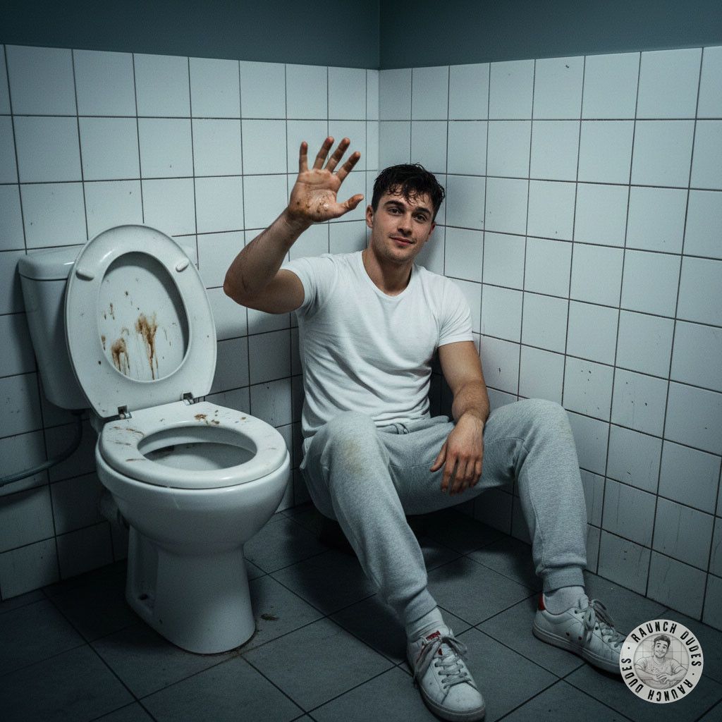 Waving goodbye with a smirk, his hand resting on that filthy, shit-stained toilet seat. 😈💦 Who else loves a little dirt with...