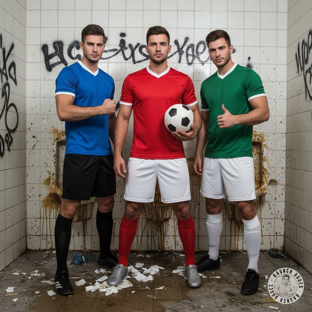 Three sweaty footballers in a filthy locker room, their uniforms stained with dirt and sweat. The scent of raw desire...
