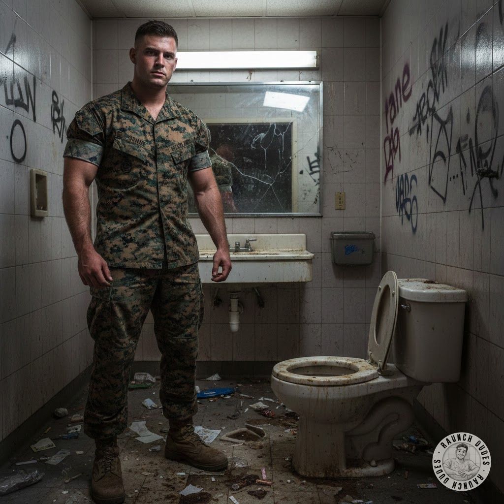 Nothing hotter than a soldier in a filthy bathroom, pants around his ankles, ass on display. The scent of piss and sweat in...
