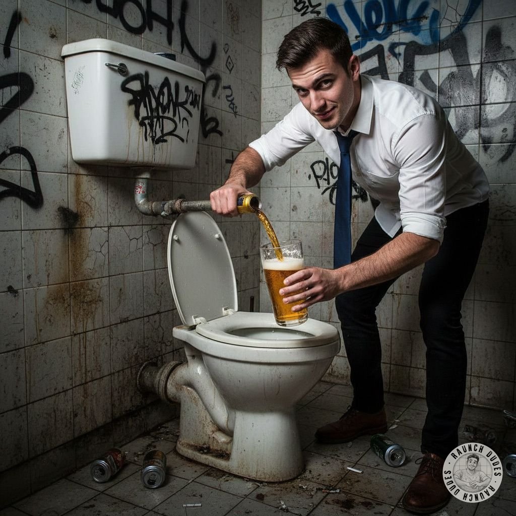 Tie grin wide, floor dripping… because in this bathroom, the real golden hour is right here. Who's thirsty for a taste of...