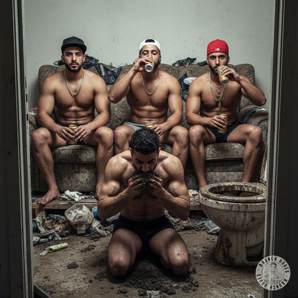 Three Arab bullies watch as their submissive boy devours their shit from the toilet. The ultimate humiliation, the hottest...