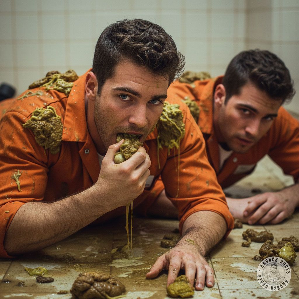 Two inmates devouring shit in a pool of vomit—raw, filthy, and irresistibly hot. The ultimate taboo feast for the boldest...