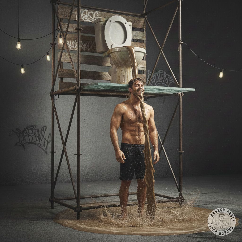 This jacked beast standing proud under a custom scaffold throne, letting an endless cascade of thick, steaming shit rain...