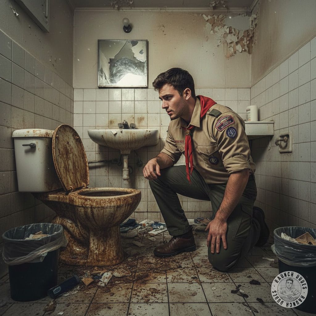 Merit badge earned: Advanced Toilet Worship 💩 This scout is on his knees in the nastiest troop latrine, staring into the...