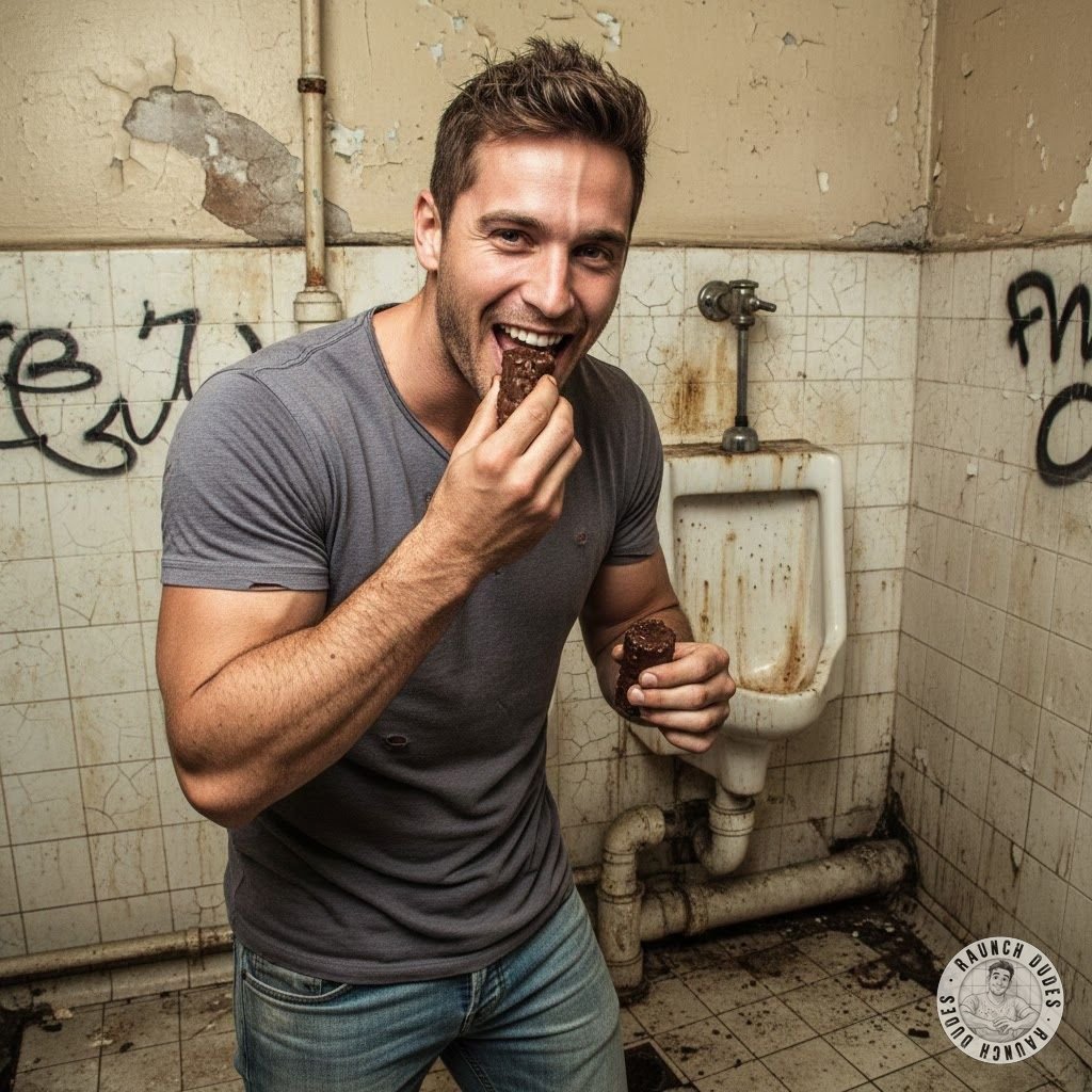 Snack time in the nastiest public shitter 💩 This ripped stud is kneeling in the filth fresh turd straight from the...