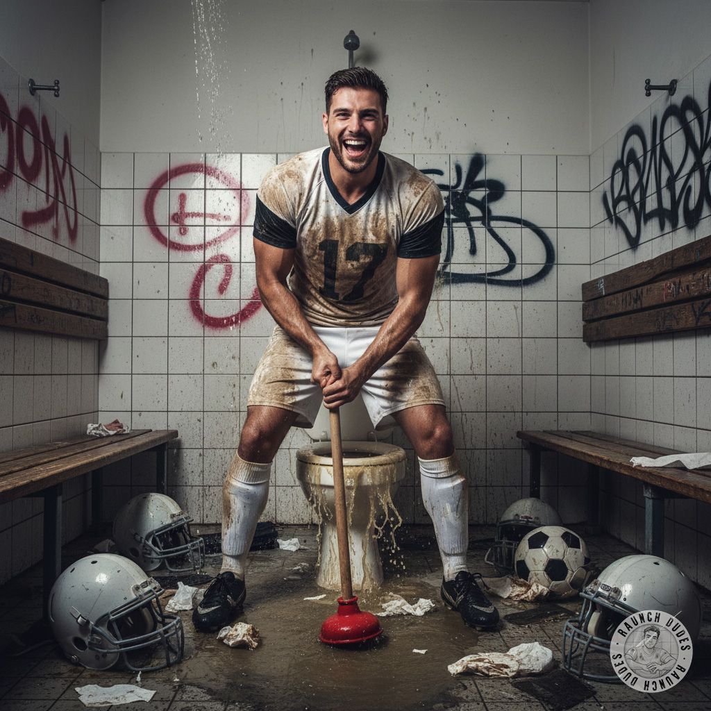 This jacked football stud owns the bench now – legs spread, jersey soaked, plunging the red plunger deep into the...