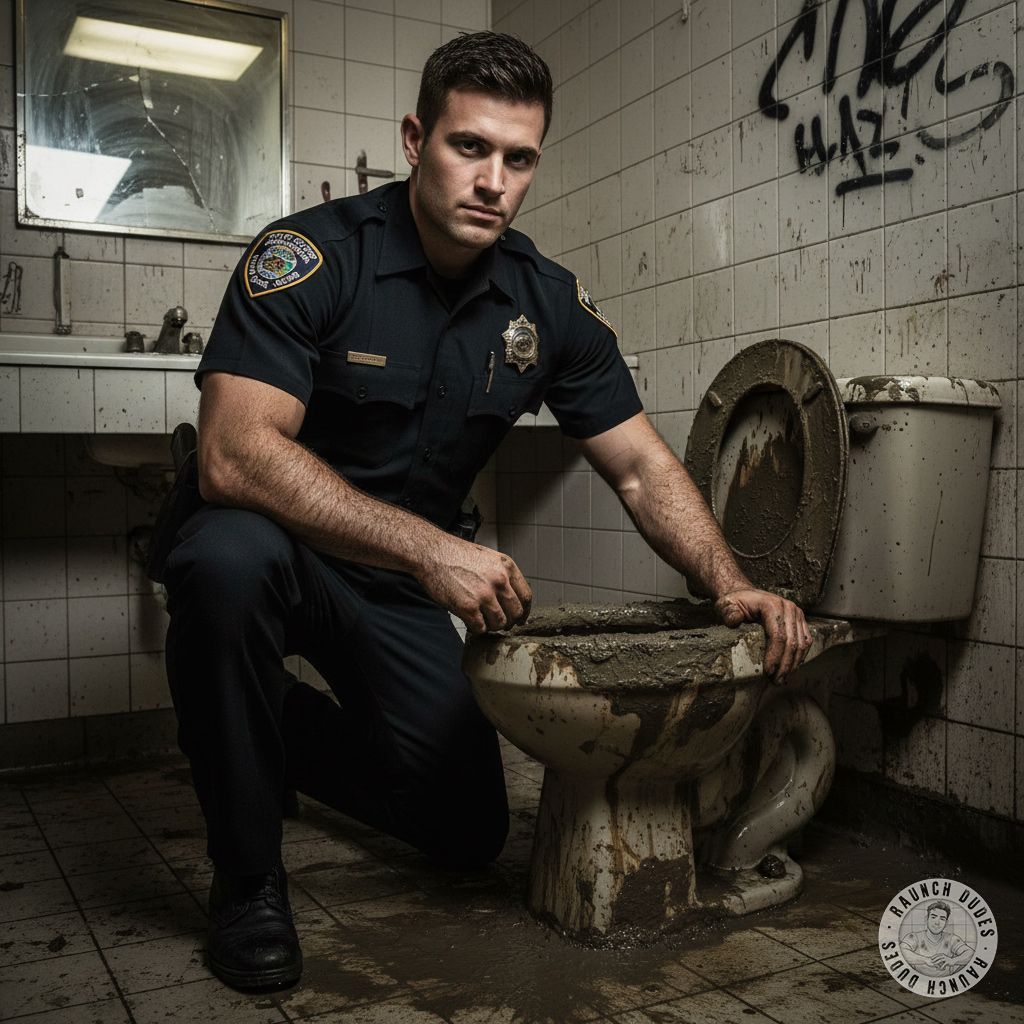 Muscles, badges, and a toilet seat—this cop knows how to serve justice 😏👮‍♂️💦 Who’s ready to get arrested? #gayscat #gaypiss...