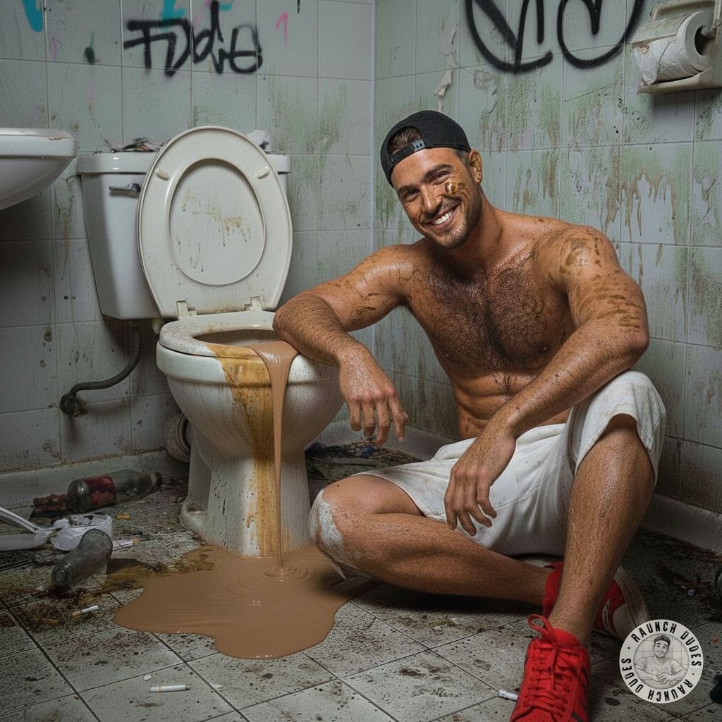 Shirtless, cap on, legs spread wide in the nastiest public shithole 💩 This cocky fucker is grinning ear to ear while that...