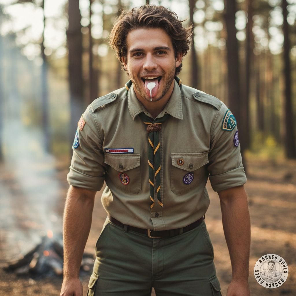 This boy scout just earned his most forbidden badge. Tongue out, proudly showing off that thick, creamy reward dripping down...