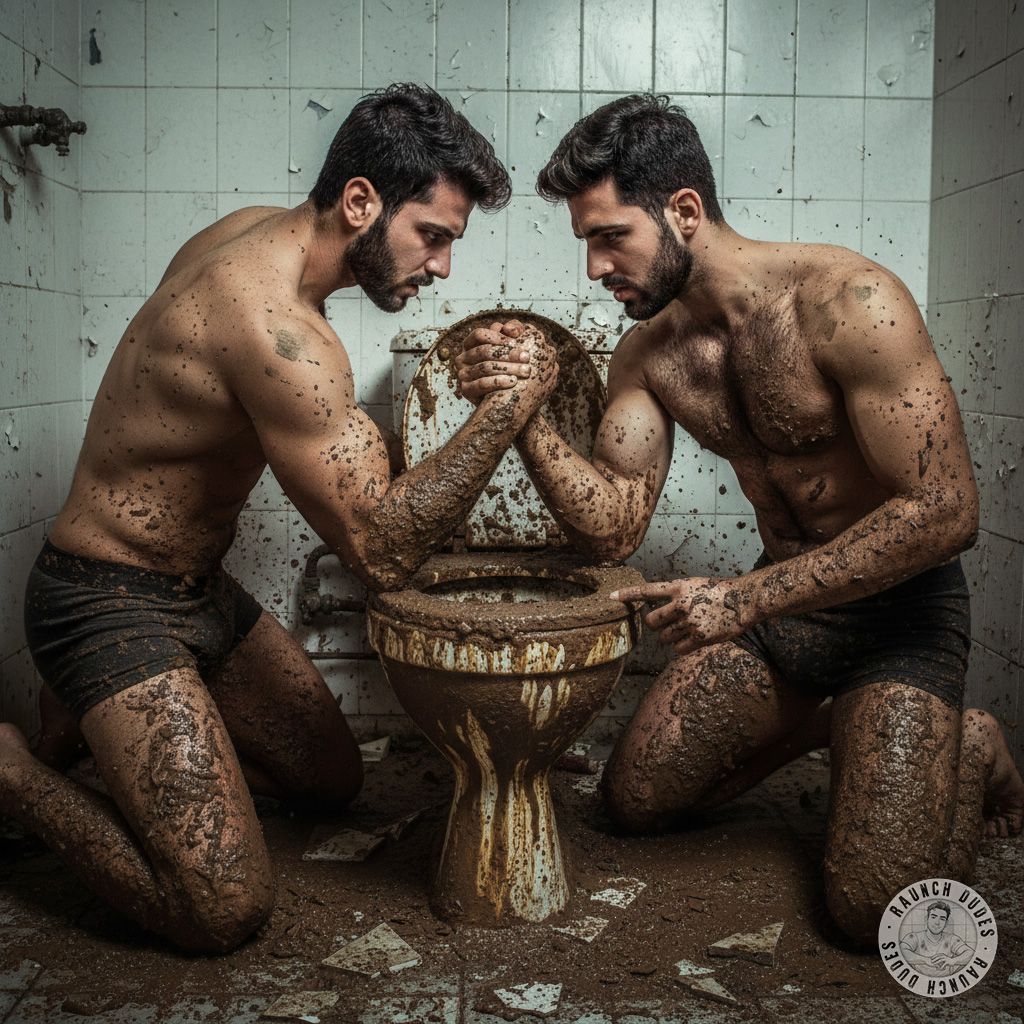 Two ripped guys flexing in a filthy shitter, sweat dripping, muscles straining—who’s gonna crack first? 💦🔥 #gayscat #toilet...