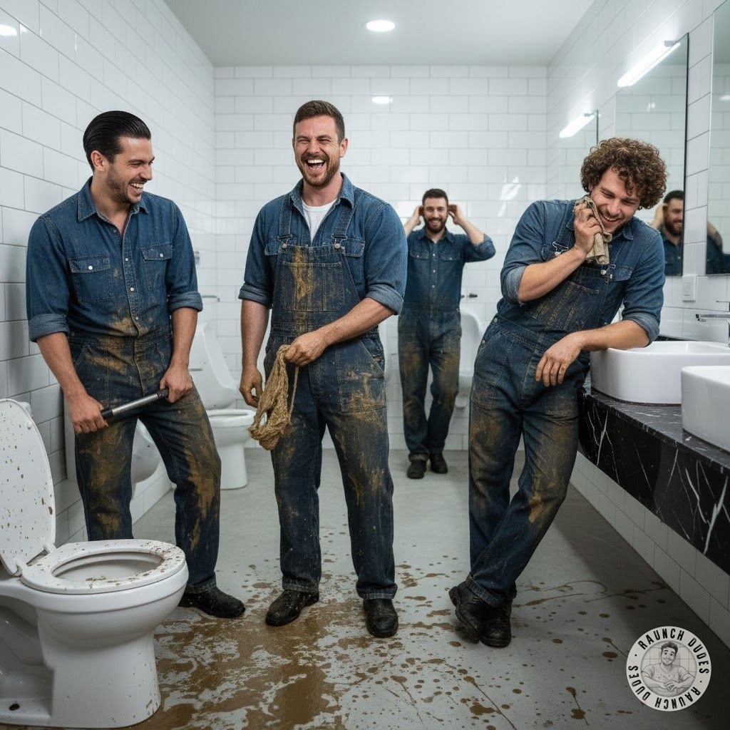 Four plumbers couldn’t be happier after getting covered in shit while fixing a toilet. 😈💦 Who’s ready for some messy fun?...
