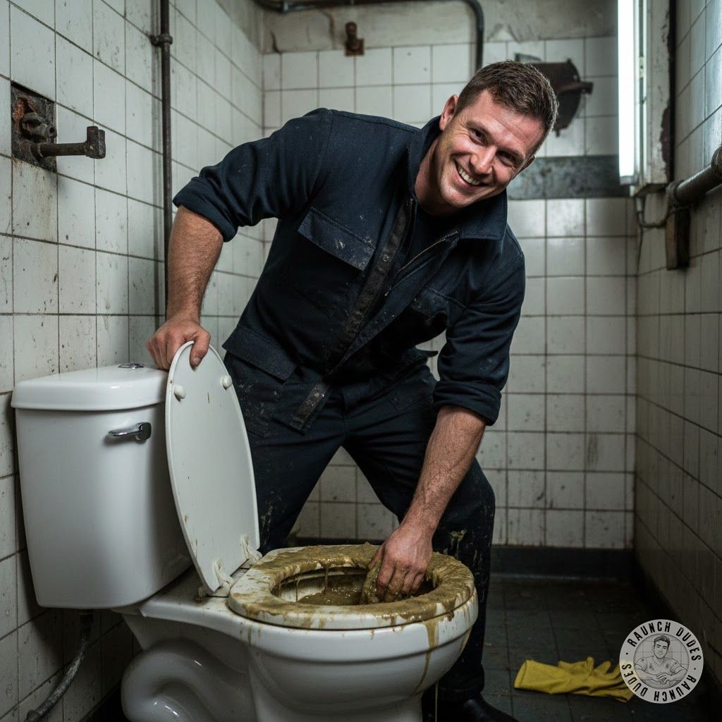 This hot plumber is wrist-deep in the overflowing, crusty throne, grinning like he just found buried treasure while scooping...