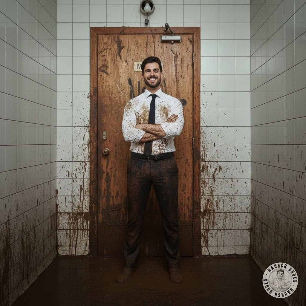 Suited king ruling the nastiest shitter 💩 Arms crossed, smirk on, floor flooded. Who's first to kneel? #gayscat #toilet #suit