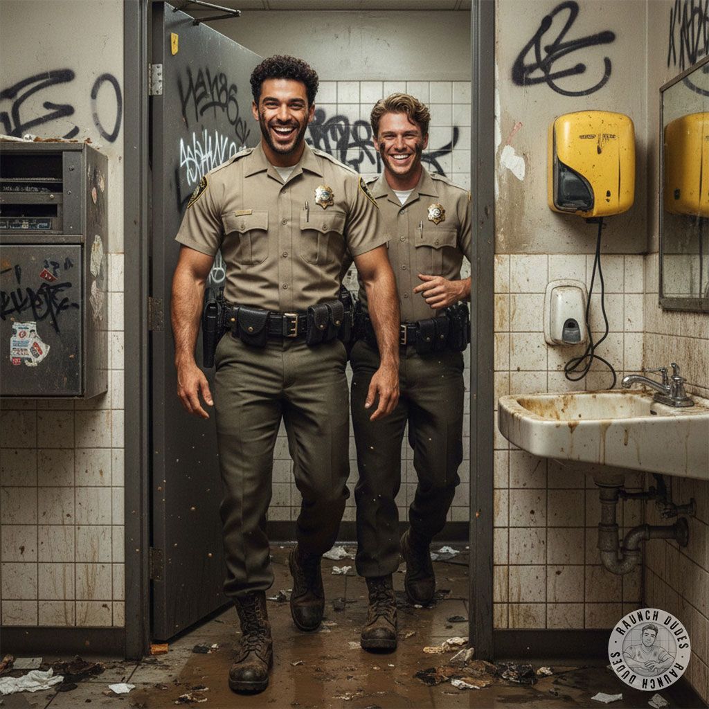Just caught these two hot cops sneaking out of a filthy piss-stained scat dungeon, grins on their faces like they just had...