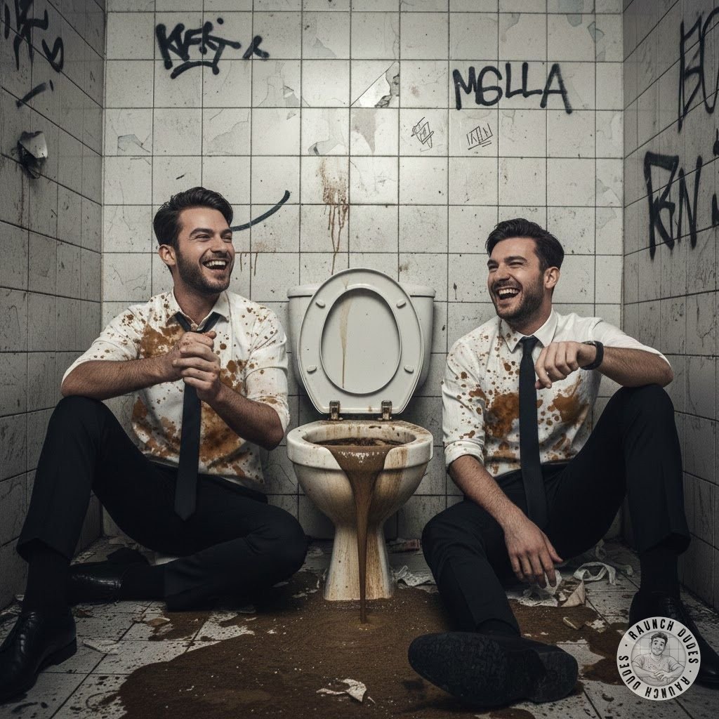 These studs skipped the boardroom meeting for a much filthier negotiation. Laughing like pigs in the nastiest public toilet,...