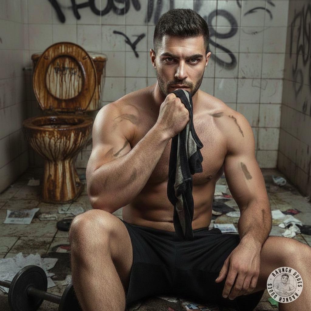 Nothing hotter than sniffing a sweaty jockstrap in a filthy toilet stall. The stench of piss and cum makes my cock throb....