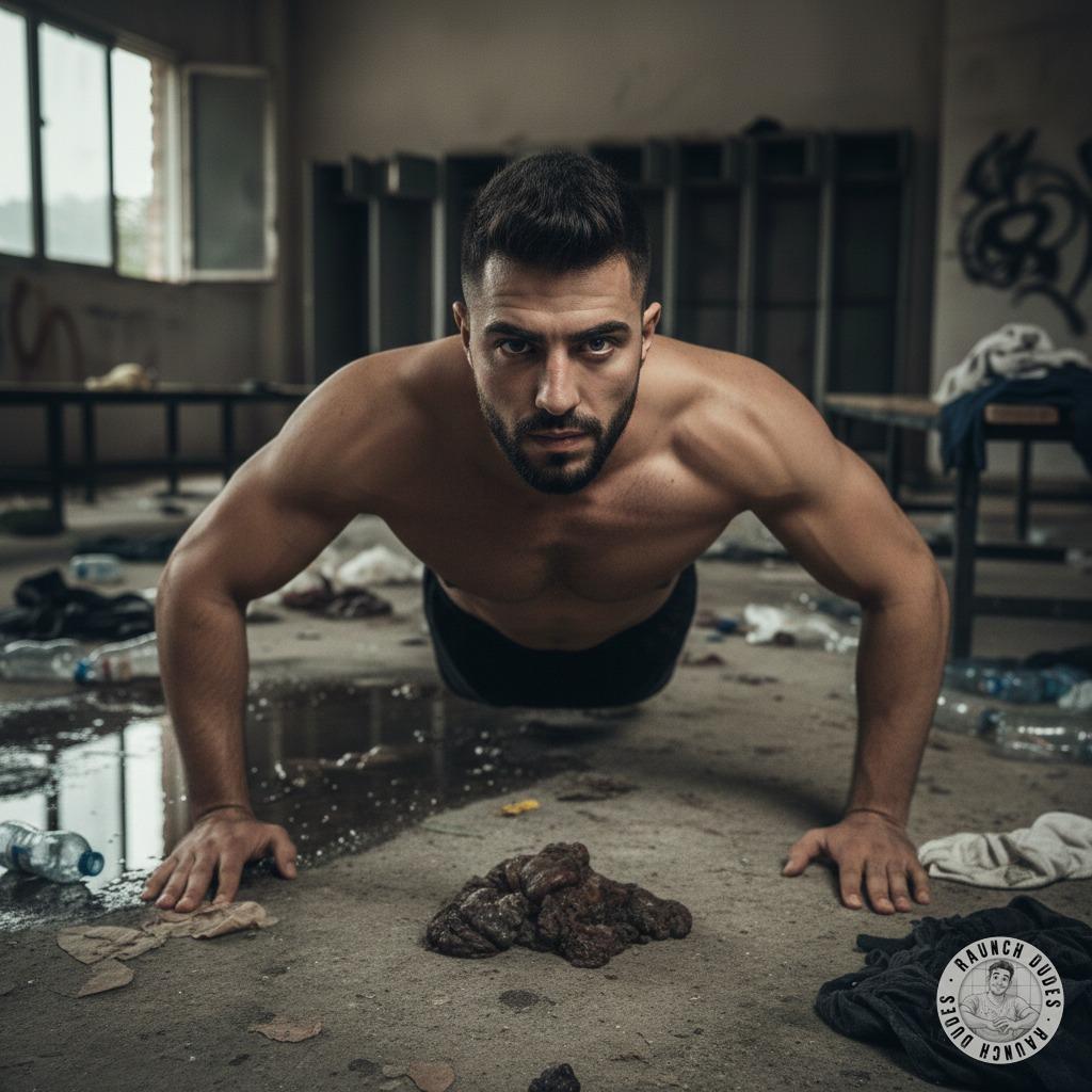 Nothing hotter than a ripped guy doing push-ups on a filthy floor, his muscles glistening with sweat as he grinds into the...
