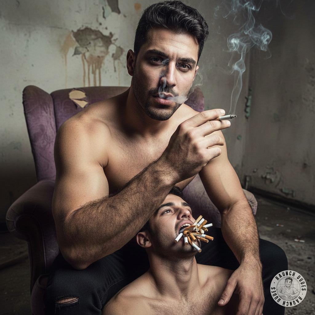 Rude, dominant stud uses his submissive boy as his personal ashtray—nothing hotter than watching him puff, ash, and own that...