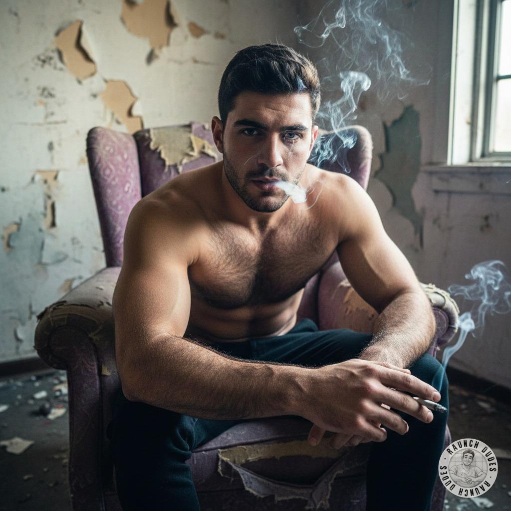 Dominant boy smirks, cigarette dangling, as he surveys the filthy room—peeling walls, stained floors, and the scent of raw...