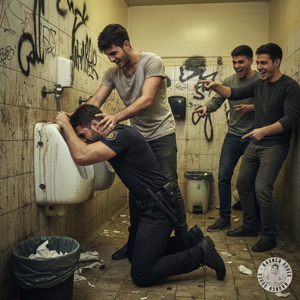 Watch as the bully shoves the cop’s face into a piss-soaked urinal while his crew laughs—power, humiliation, and pure filthy...
