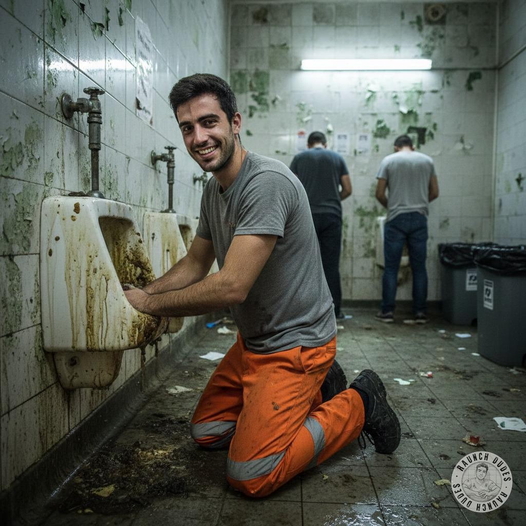 Nothing hotter than a boy on his knees scrubbing piss and shit off a public bathroom floor. 😈🔥 The way he licks his lips...