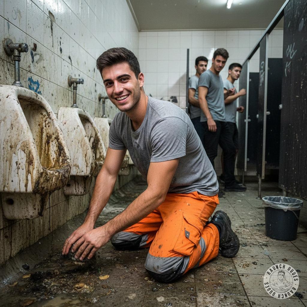 Nothing hotter than a guy on his knees scrubbing piss & shit off a public bathroom floor. 😈🔥 The way he licks his lips...