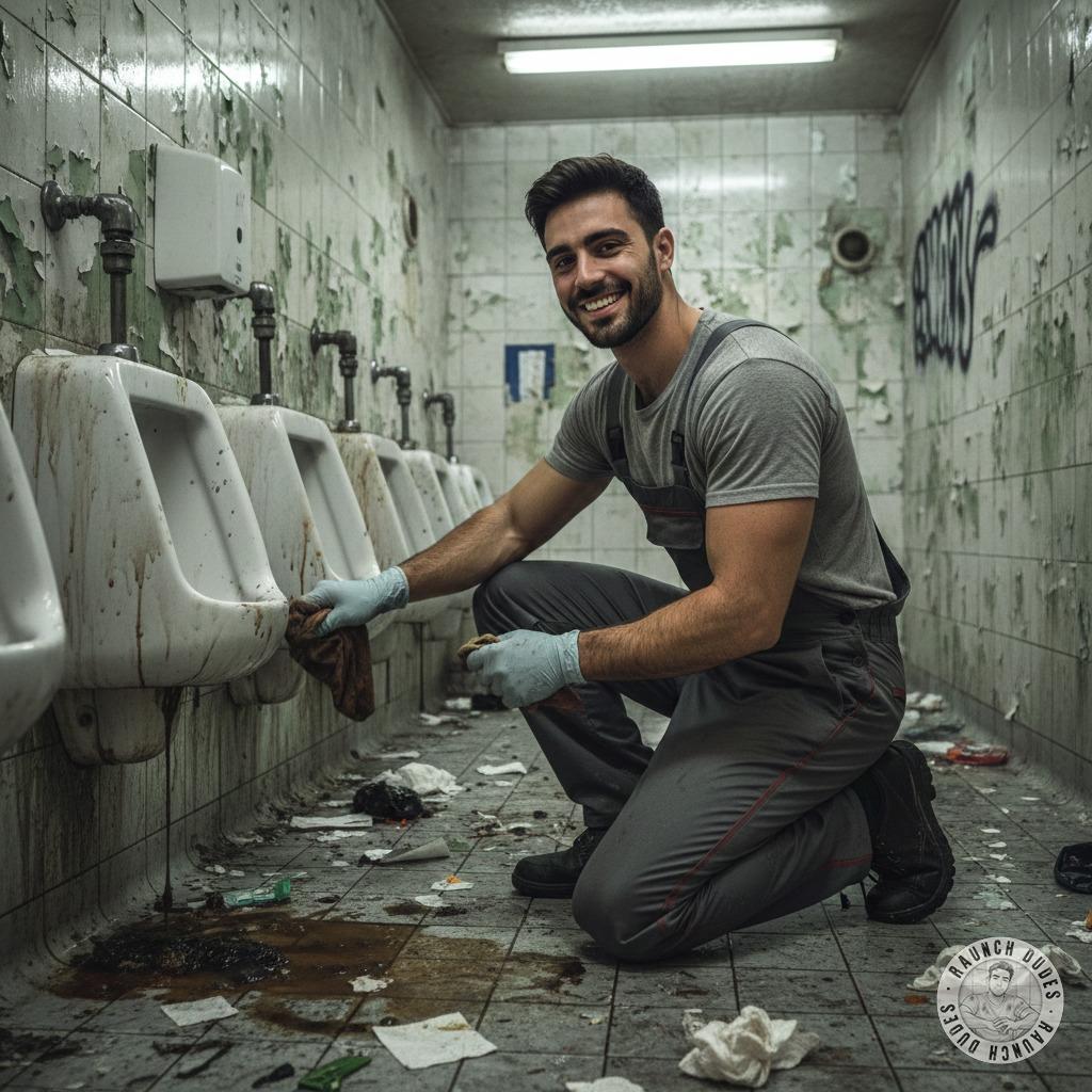 Nothing hotter than a guy on his knees scrubbing piss and shit off a public bathroom floor. 😈🔥 The way he licks his lips...