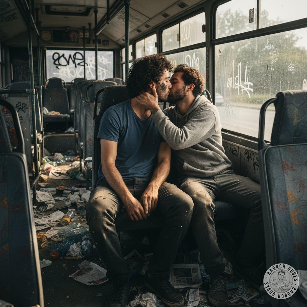 Two hot guys making out on a filthy bus, tongues deep, hands wandering—dirty seats, sticky windows, and no one to stop them....