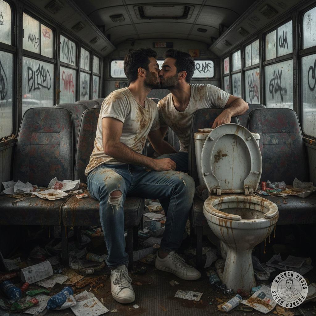Two hot guys making out on a filthy bus—nothing sexier than passion in the grime. 😈💋 Dirty seats, sticky floors, and tongues...