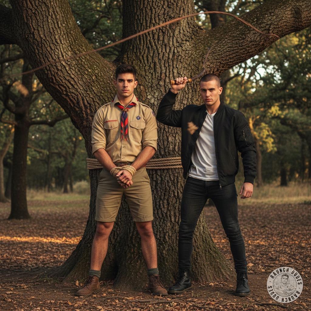 Skinhead dominates a tied-up scout, whip in hand, leaving marks of raw power. The forest echoes with moans as control turns...