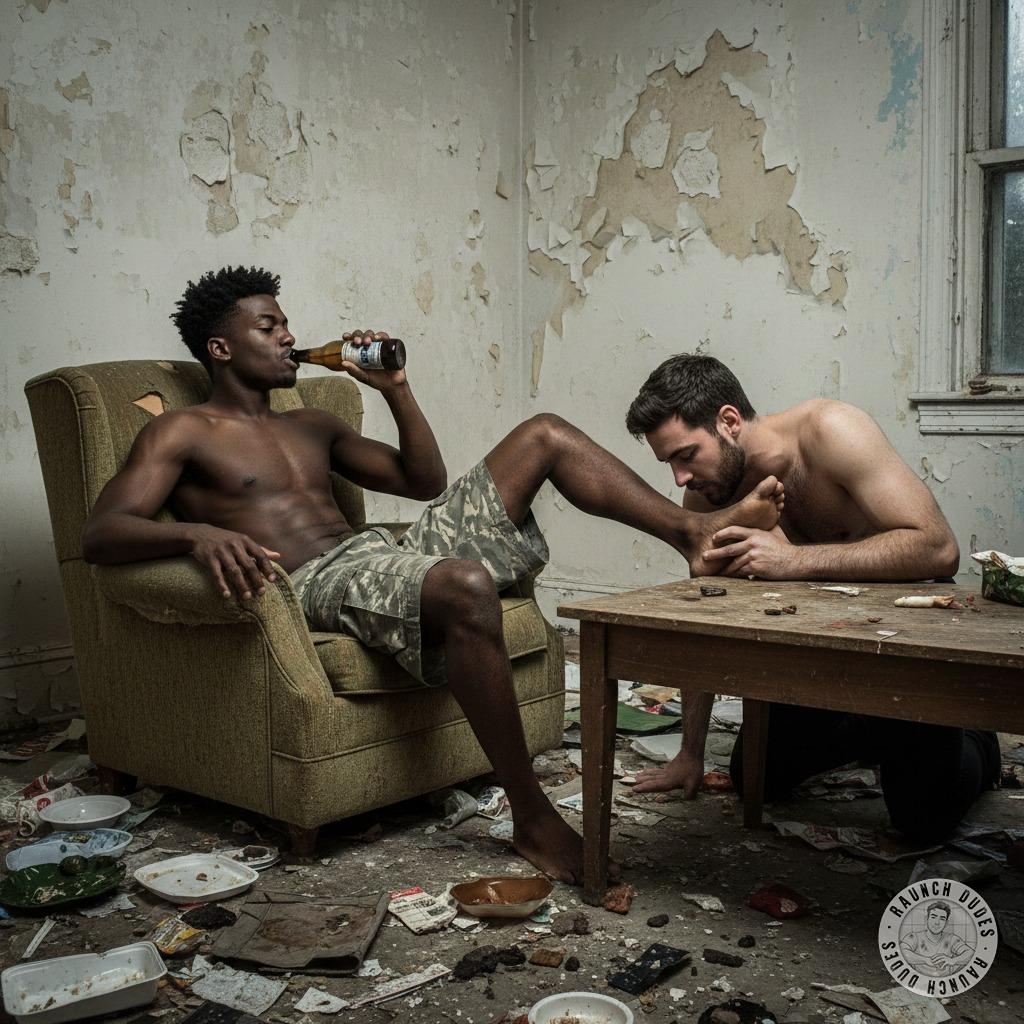 Sipping beer while a white boy worships my feet—nothing beats this kind of devotion. Dirty, submissive, and so fucking hot....