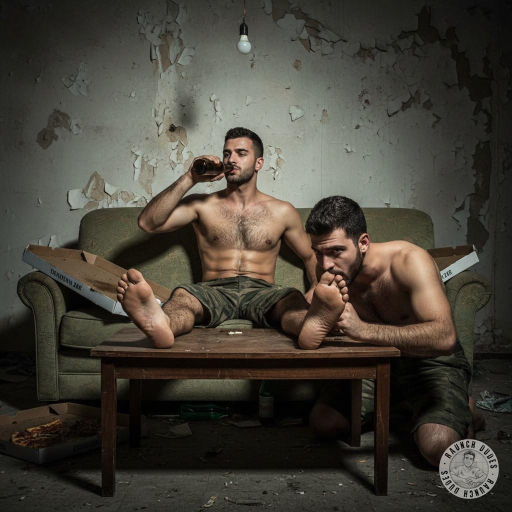 Rough boy sipping beer while getting his feet licked—dirty, messy, and so damn hot. Who else loves a little foot worship...