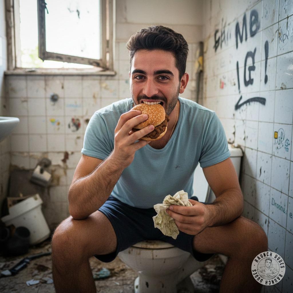 Nothing beats a filthy snack in a public restroom—this depraved boy is devouring a shit sandwich like it’s his last meal....