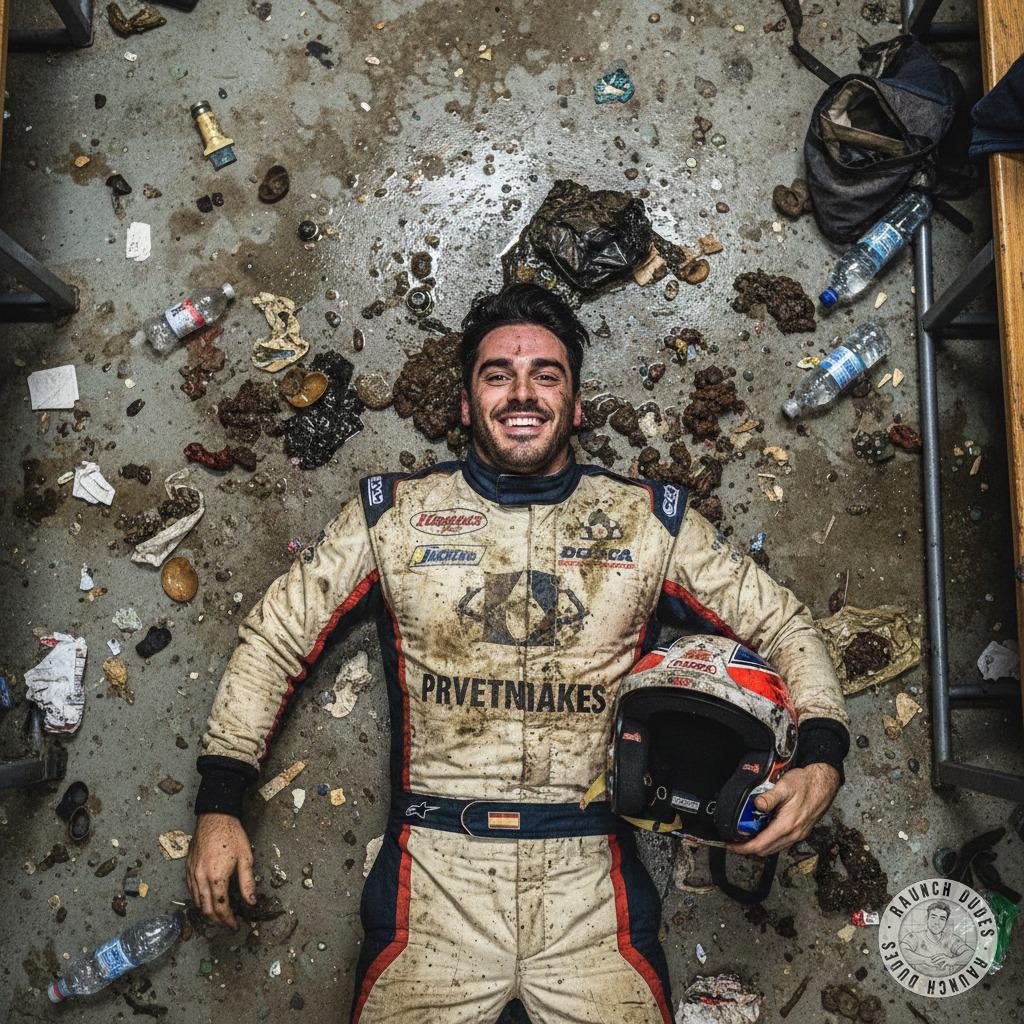 Rally driver gone wild 🏎️💦 Stretched out in a mess of vomit & shit, this depraved pilot is living his filthiest fantasy....
