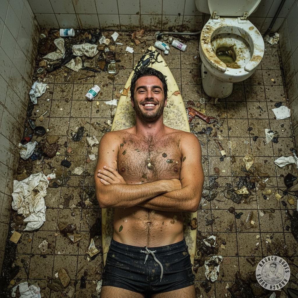 Surf’s up, but this depraved surfer is riding a different kind of wave—stretched out in a mess of vomit and shit, living his...
