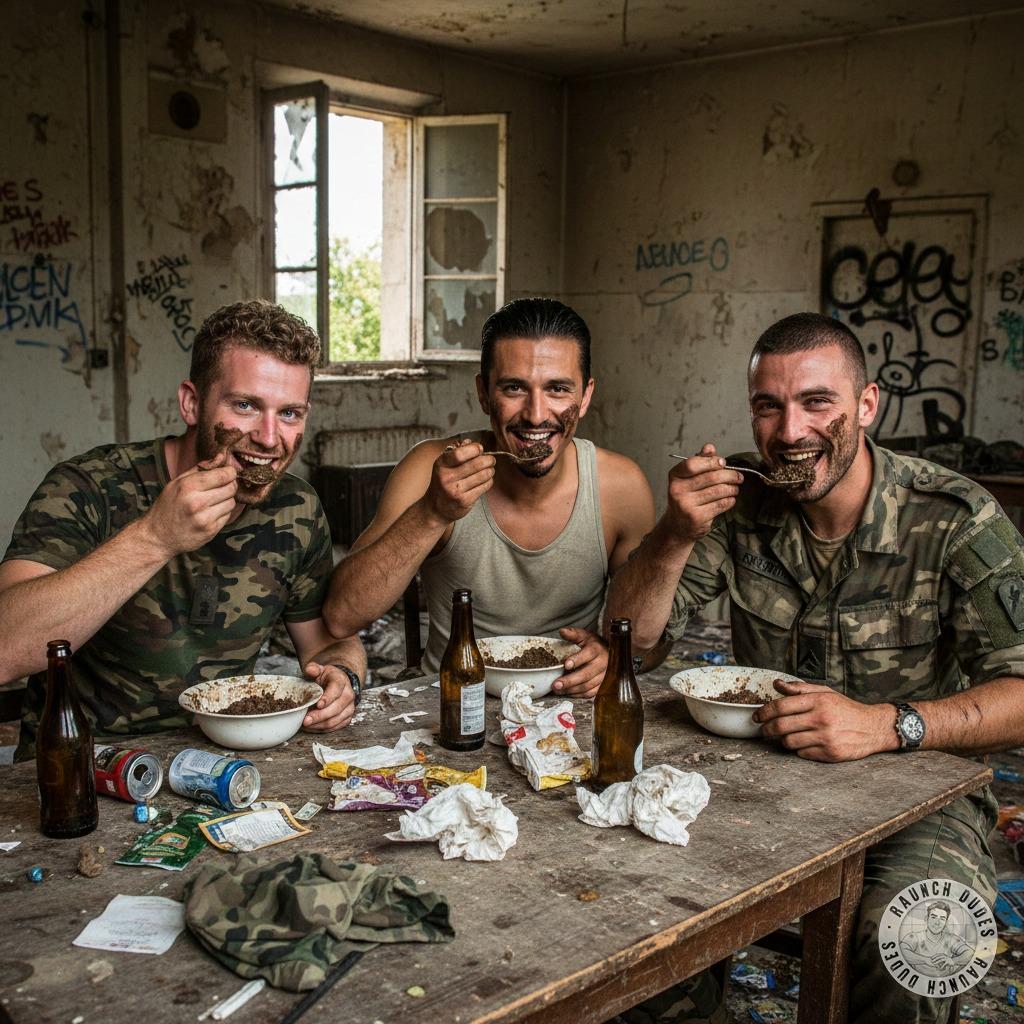 Three depraved soldiers feast on a shit-filled lunch—dirty, raw, and utterly irresistible. Who’s craving this filthy...