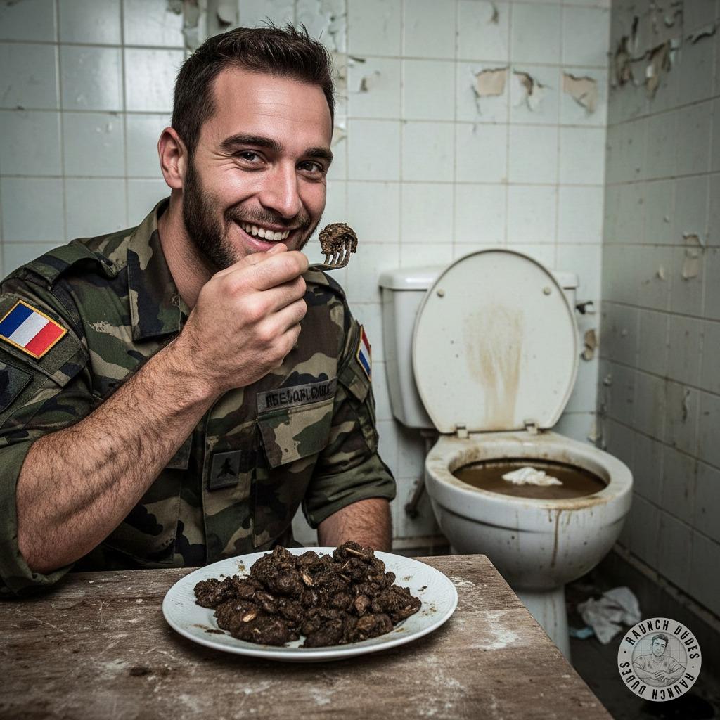 French soldier’s dirty secret: devouring shit from a plate in the toilet. 😈🔥 Who’s jealous of this filthy feast? #gayscat...