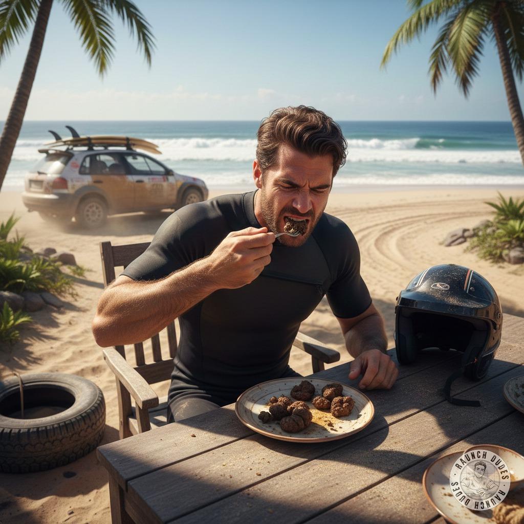 Sunset vibes just got dirtier 🌅🏄‍♂️ A depraved surfer feasts on a golden platter—no utensils, just pure, unfiltered...