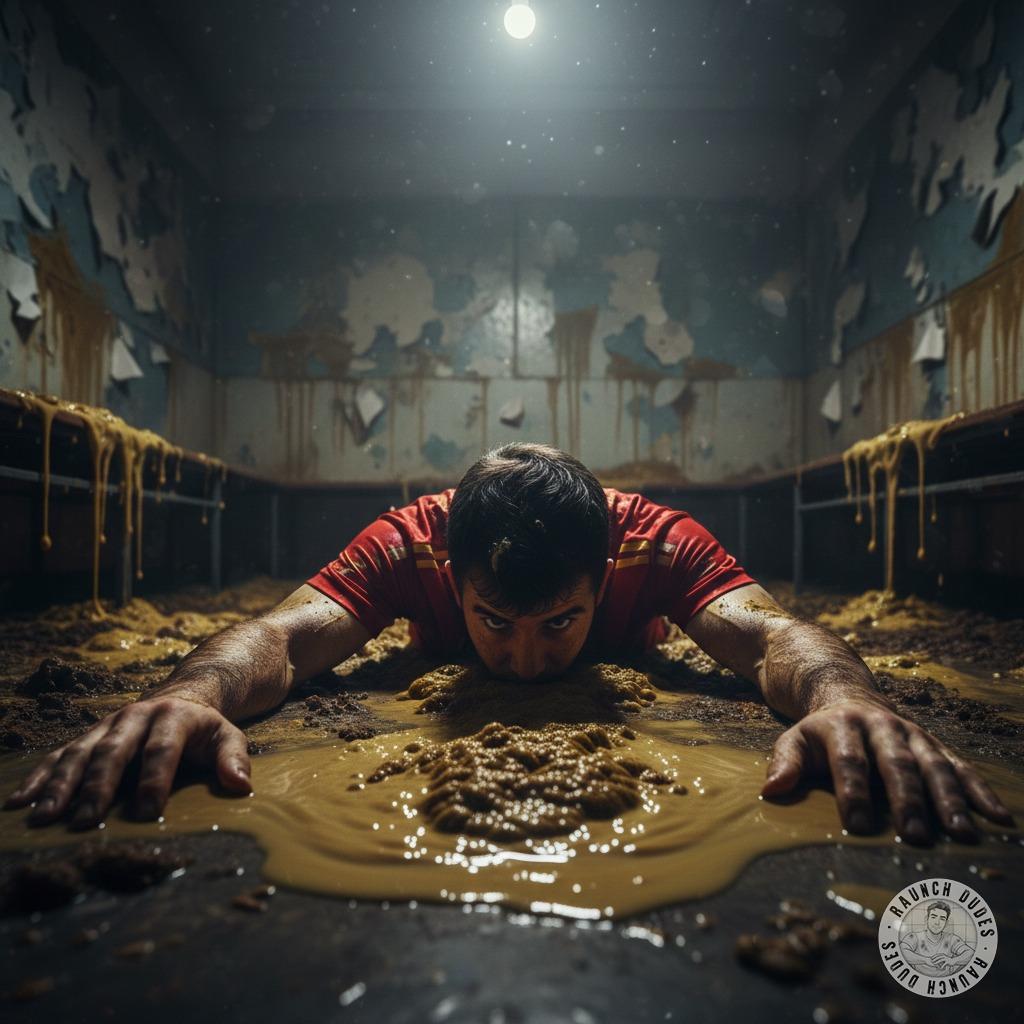 Imagine a sweaty, dirty footballer sprawled in his own mess in the locker room—pure filth, pure heat. The scent of scat and...