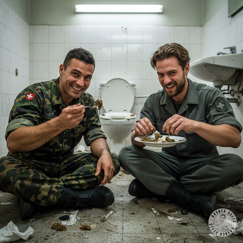 Two soldiers sharing a dirty plate in a filthy bathroom—nothing hotter than tasting each other’s mess in uniform. #gayscat...