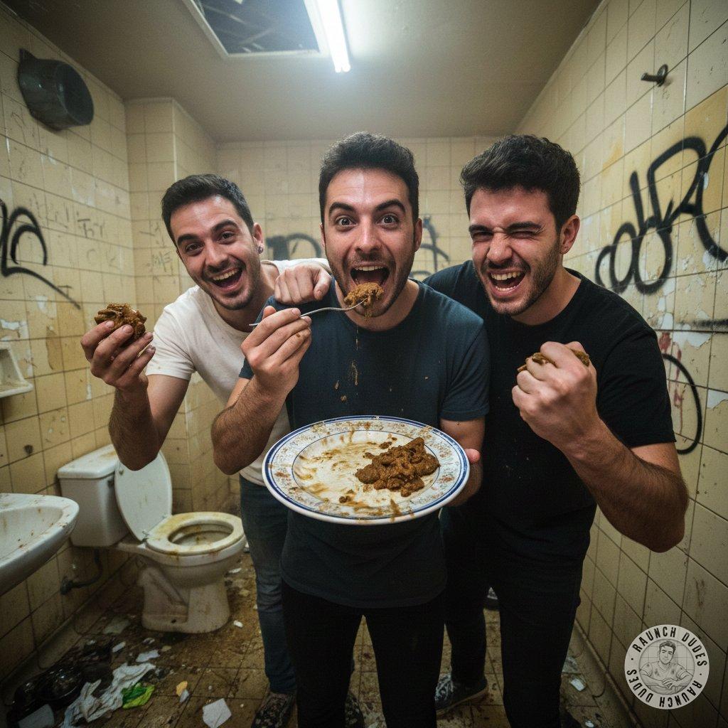 Three hot guys sharing a plate of fresh shit in a filthy bathroom—pure gay perversion at its finest! 😈🍑 #gayscat #toilet...