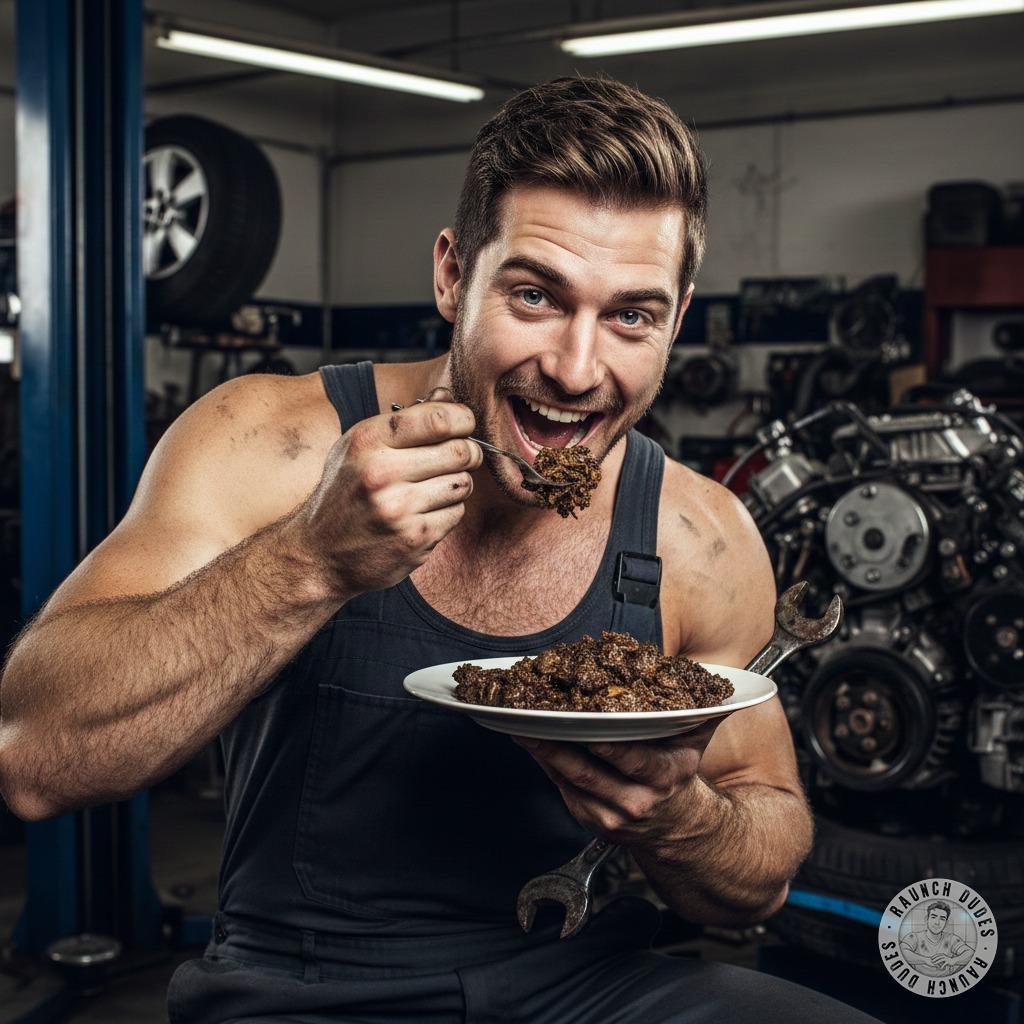 Dirty mechanic’s lunch break? This pervert is feasting on shit in the garage—greasy hands, filthy mouth, and zero regrets....