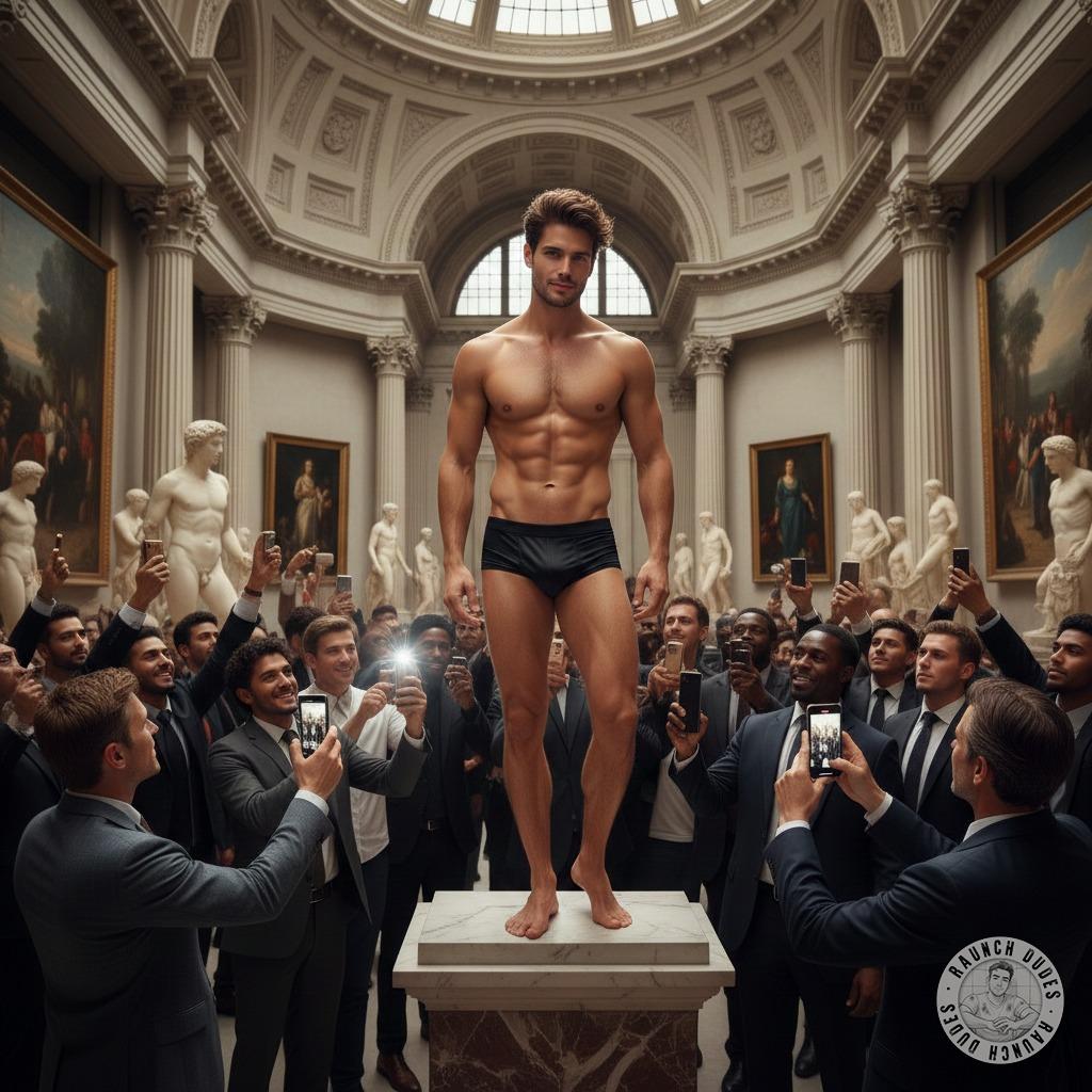 Posing in my tight briefs at the gallery, letting the art lovers admire my bulge. Who’s gonna catch me if I drop my pants?...