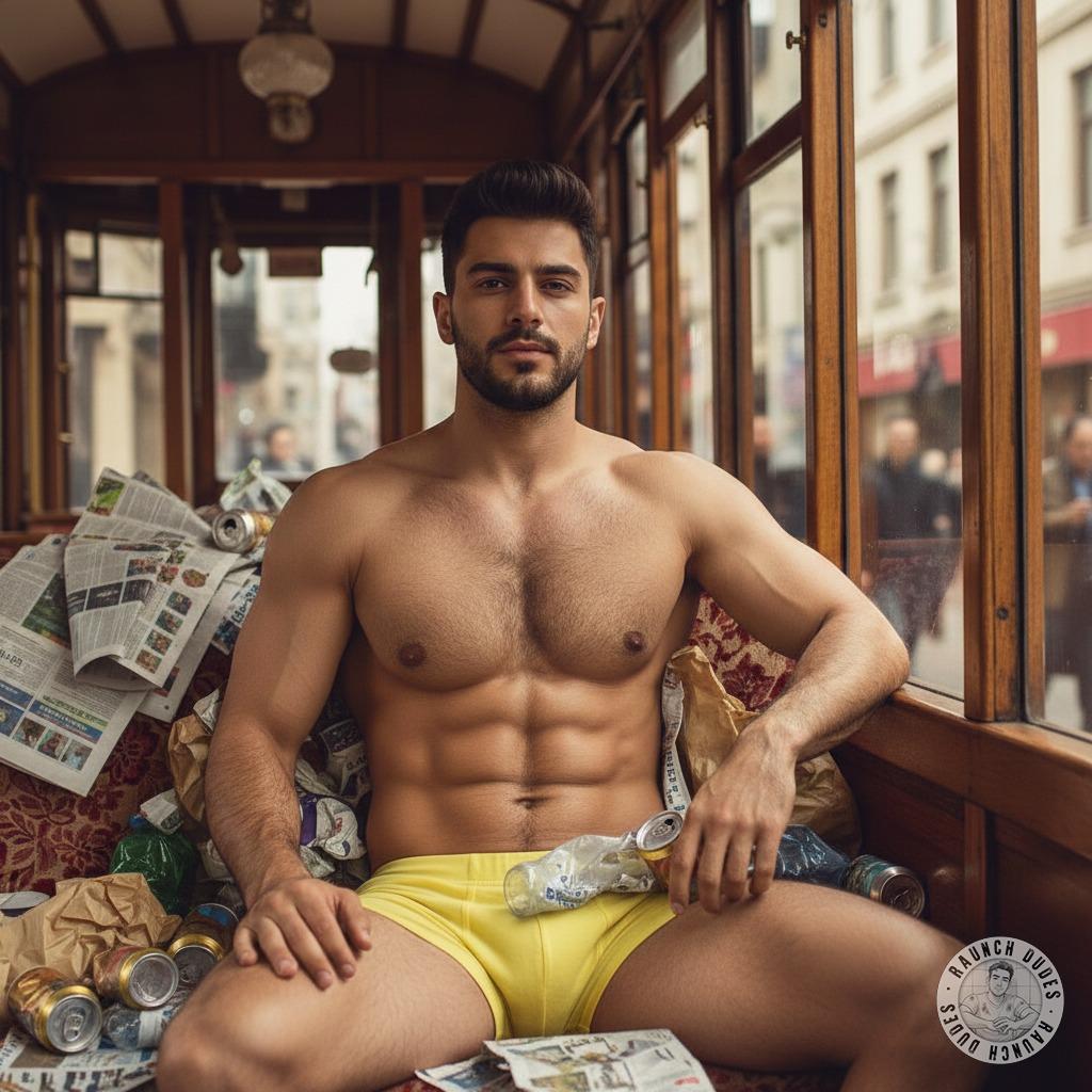 Riding the tram in just my tight briefs, feeling every bump, every stare. The dirtier the better—let the city mark me up....