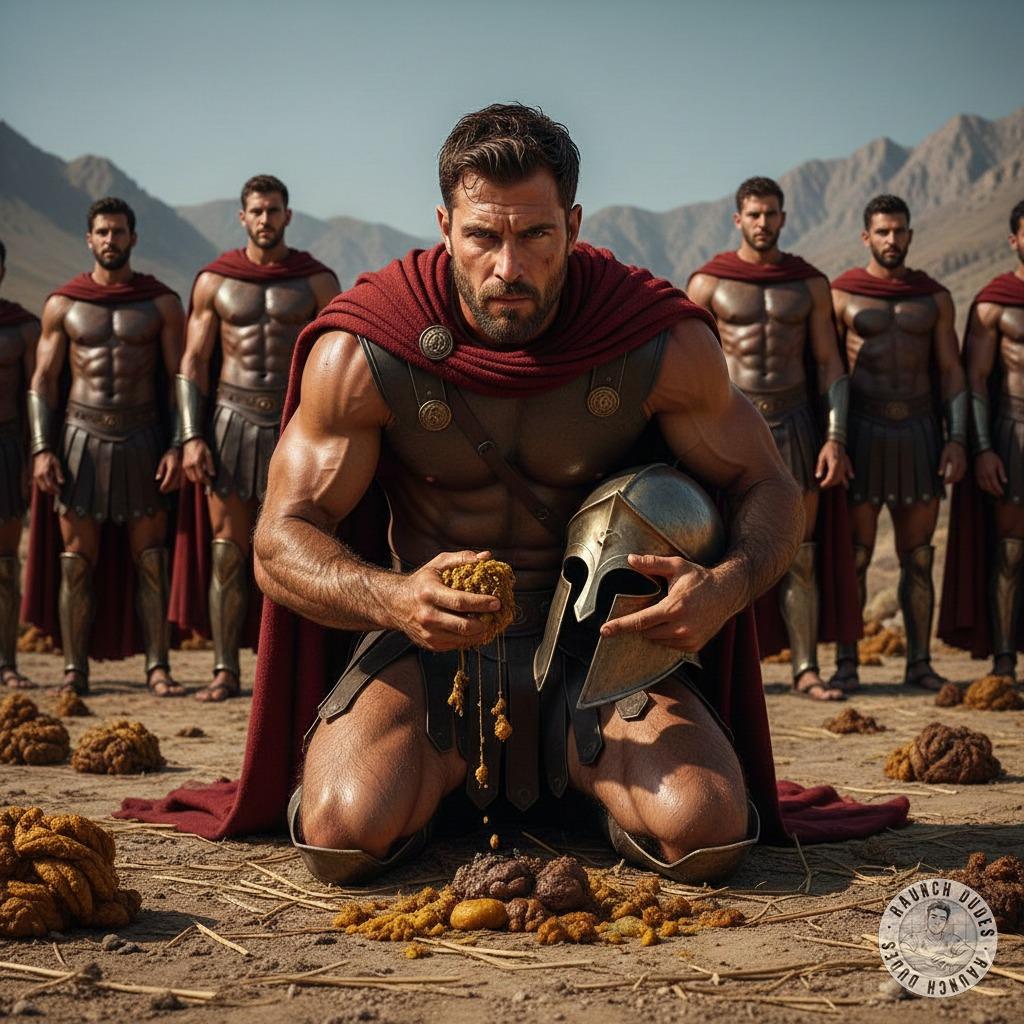 Feasting on filth like a true warrior—this Spartan devours his own shit before battle, proving strength isn’t just in the...