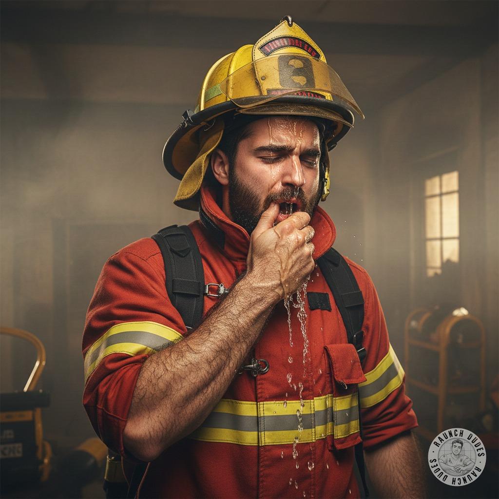 Sweaty firefighter dripping with lust, his uniform clinging to every muscle. Imagine those strong hands pinning you down,...
